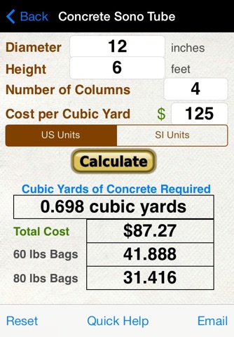 Concrete Bags, Footings, Rectangle, & Sono Tube Calculator with Volume from Rainfall Calc screenshot 4