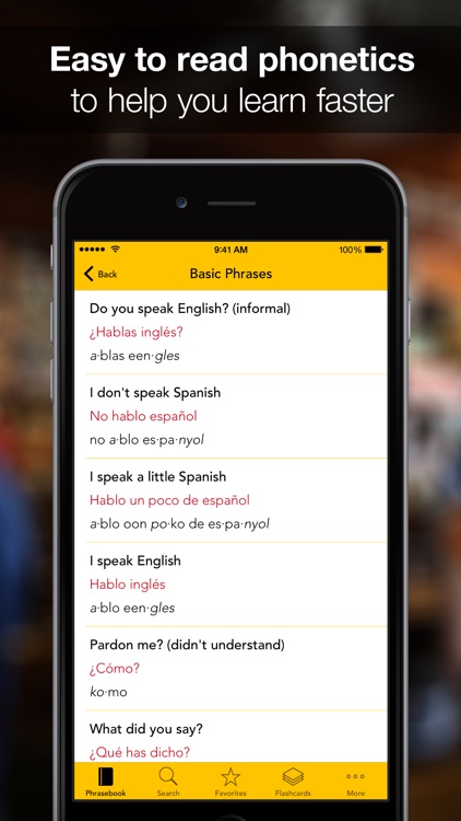 SpeakEasy Spanish ~ Offline Phrasebook and Flashcards with Native Speaker Voice and Phonetics