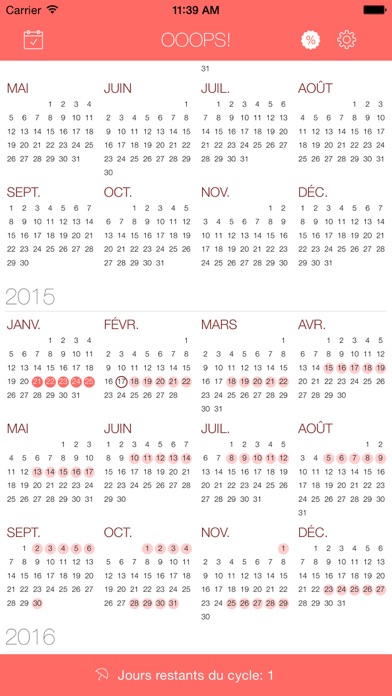 Screenshot #1 pour Ooops! calendrier pour femmes – calculez votre cycle et votre ovulation mensuels, calculez votre cycle menstruel, calculateur de cycle menstruel