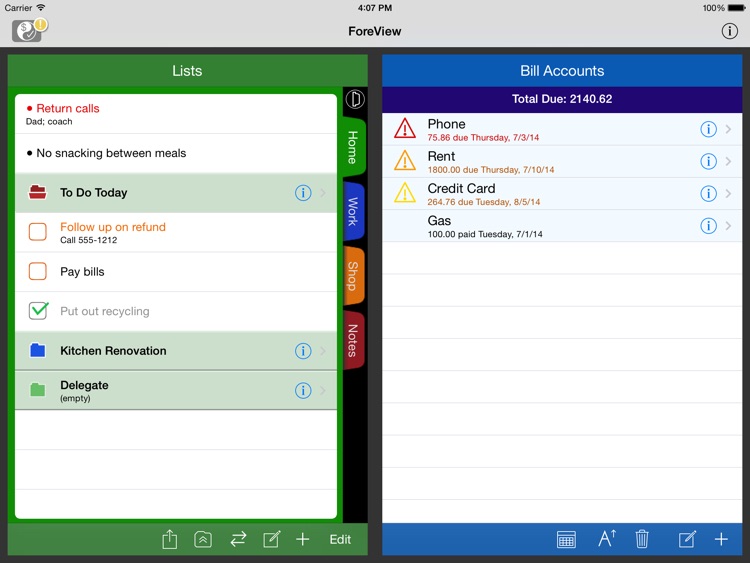ForeView for iPad:To Do + Bills Tracker