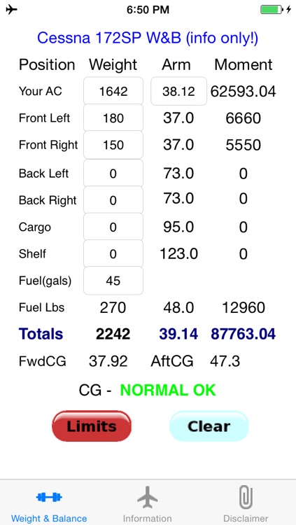 C172SP (C172S) Weight and Balance Calculator