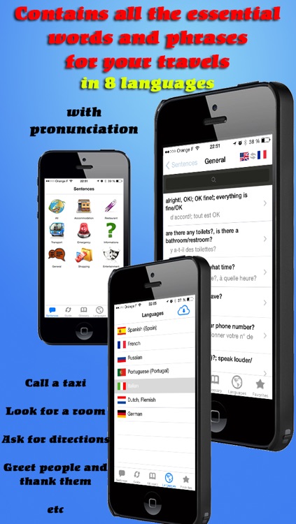 PassWorld – The conversation guide for your travels English to French - and more : Italian, Spanish, Portuguese, German, Dutch, Russian