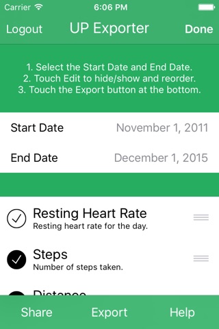 Health Exporter for Jawbone UP to CSV - Resting Heart Rate Supported screenshot 2