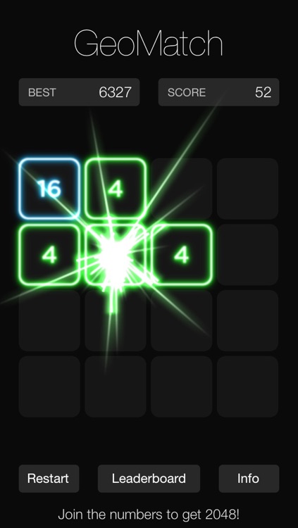 GeoMatch - 2048 experience with glowing neon particle explosions