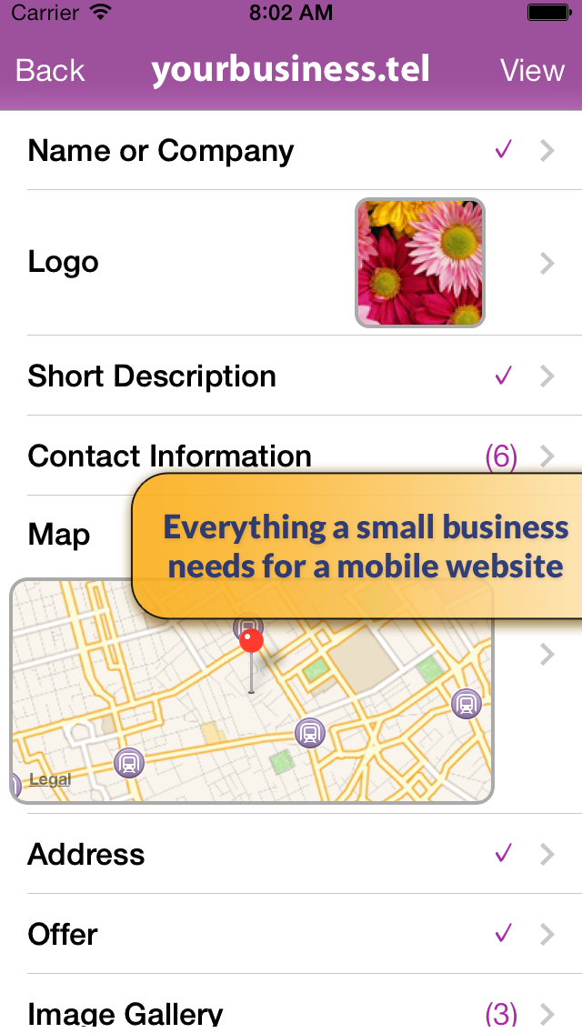 Telnames Mobile Website Builder screenshot