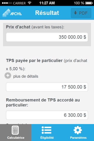 Calculatrice de taxes et remboursements pour une habitation neuve - APCHQ screenshot 2