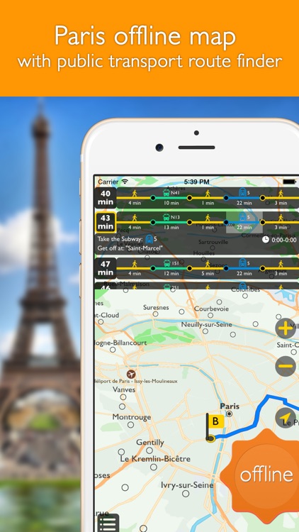 Paris offline map with public transport route planner for my journey