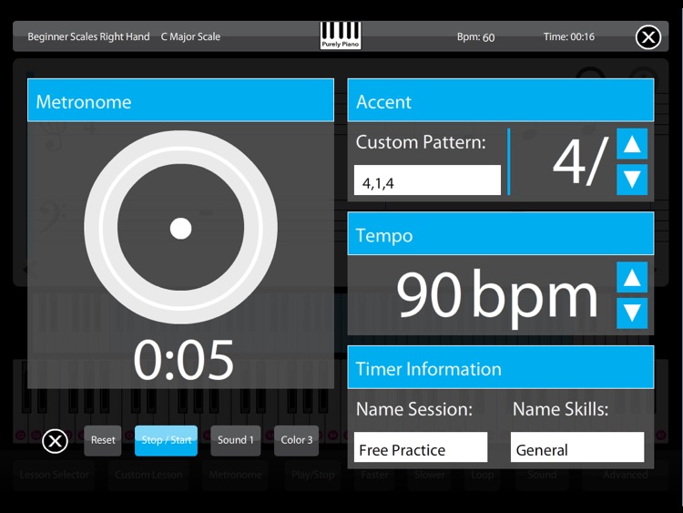 Piano - Learn lessons & practice scales chords rhythm training teach skills educational music sight reading metronome
