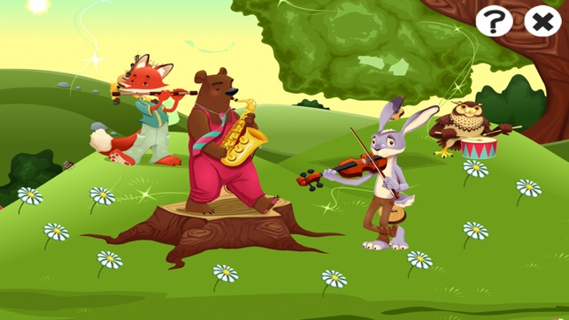 活躍！兒童遊戲有關森林與音樂的動物。與狐狸，熊，貓頭鷹，鹿，鳥，樹木和花草打。遊