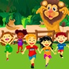 Children in zoo. Feed animals. Exciting game