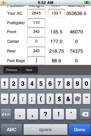 PA46-310P Malibu Weight and Balance Calculator screenshot 2