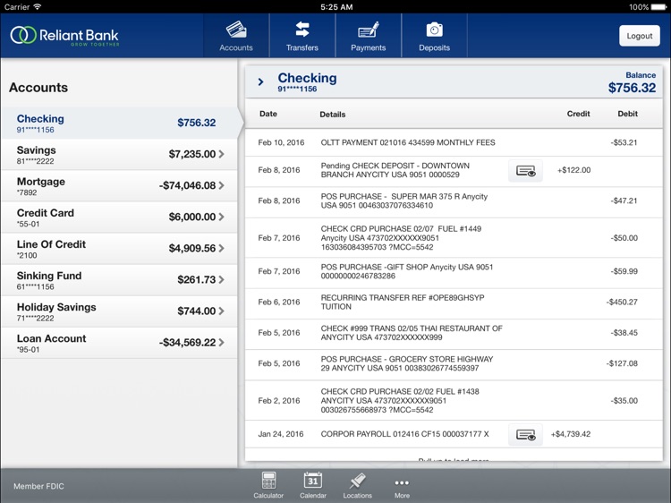 Reliant Bank for iPad