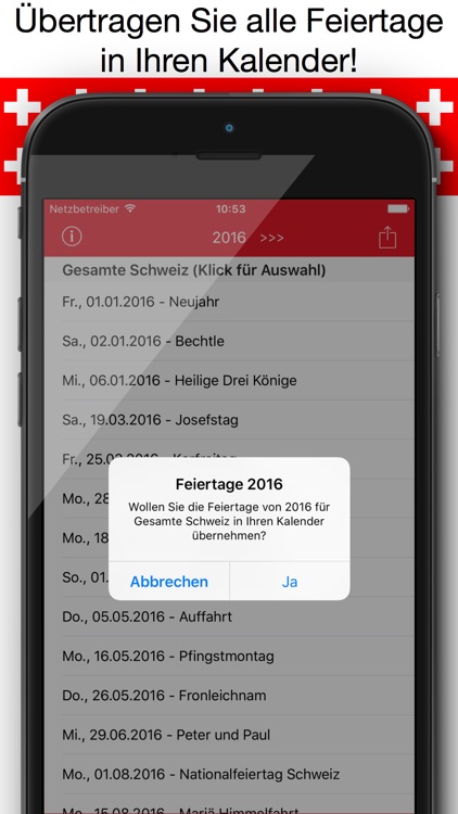 Feiertage Schweiz Kalender & Kalenderwochen