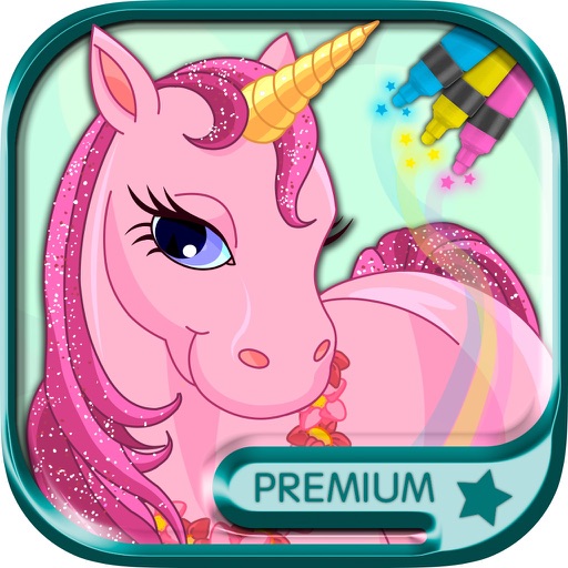 Paint pictures of unicorns Drawings of unicorn coloring or painting the magical unicorn - Premium icon