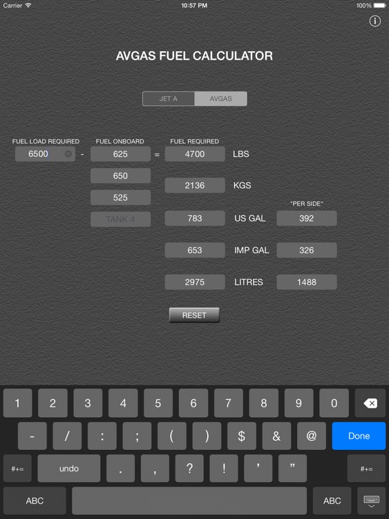 Aviation Fuel Weight Calculator for iPad