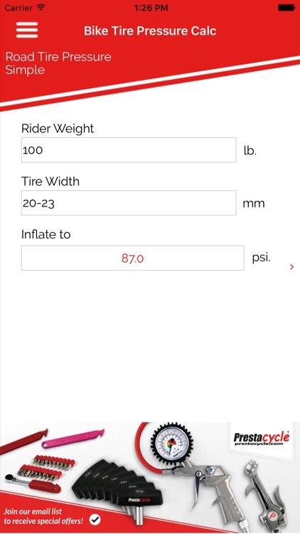 Prestacycle Bicycle Tire Pressure Calculator screenshot-3