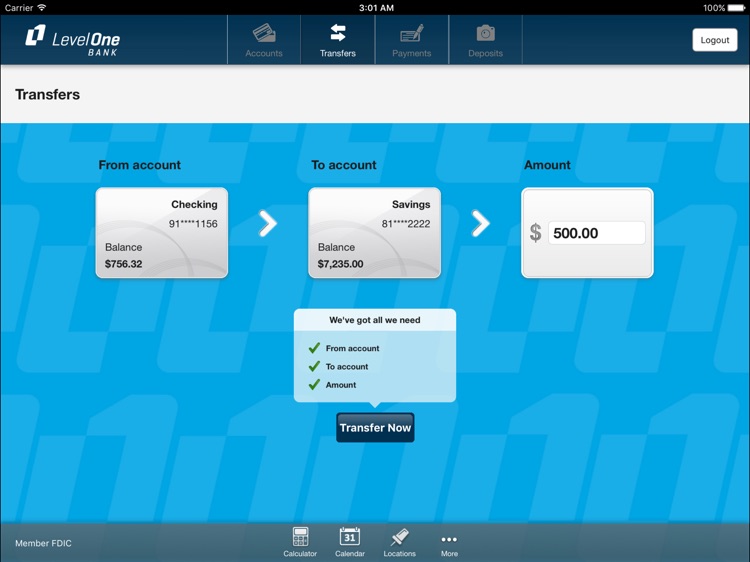 Level One Mobile Banking for iPad screenshot-3