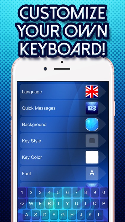 Blue Keyboard with Neon Backgrounds, Emoji & Fonts