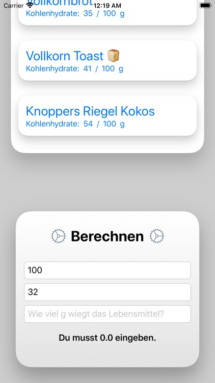 DiabetesApp - KH berechnen