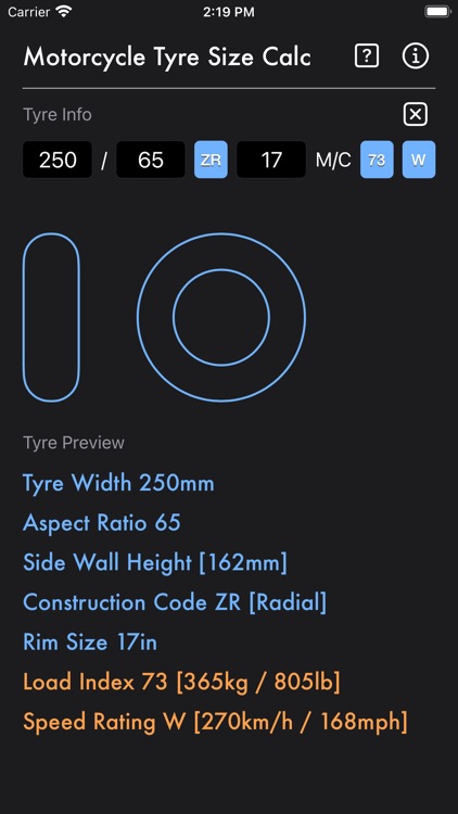 Motorcycle Tyre Size Calc screenshot-3