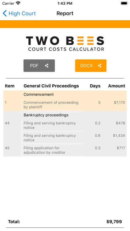 Two Bees Court Cost Calculator