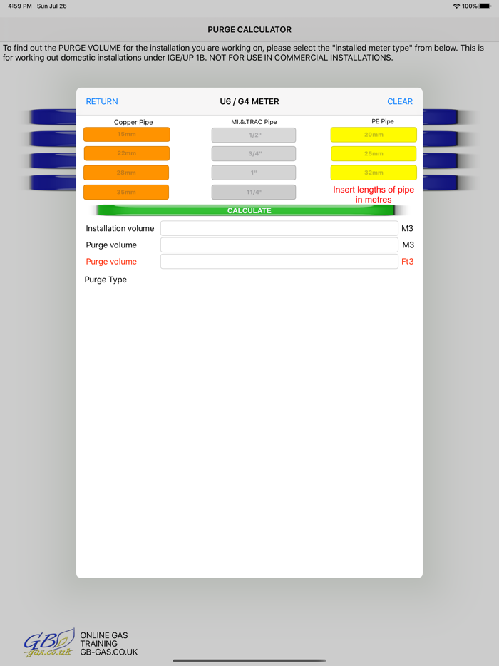 GB Gas Purging Calculator