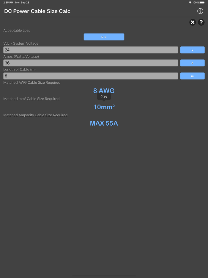 DC Power Cable Size Calc