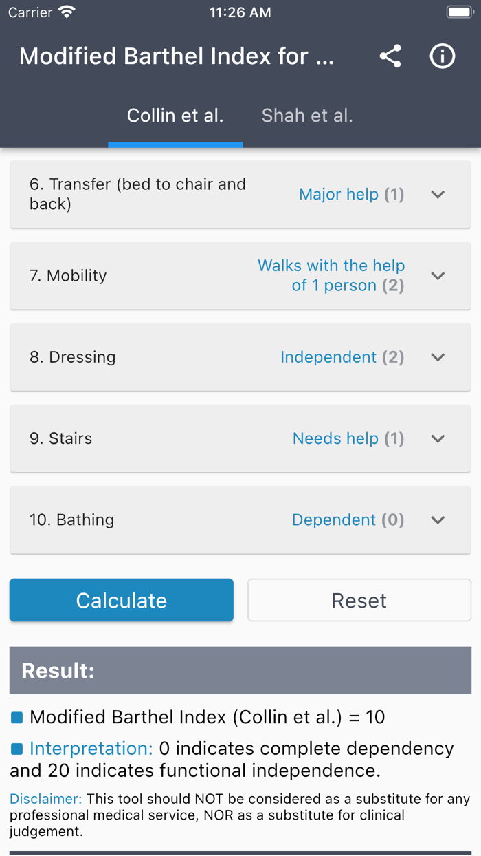 Modified Barthel Index for ADL