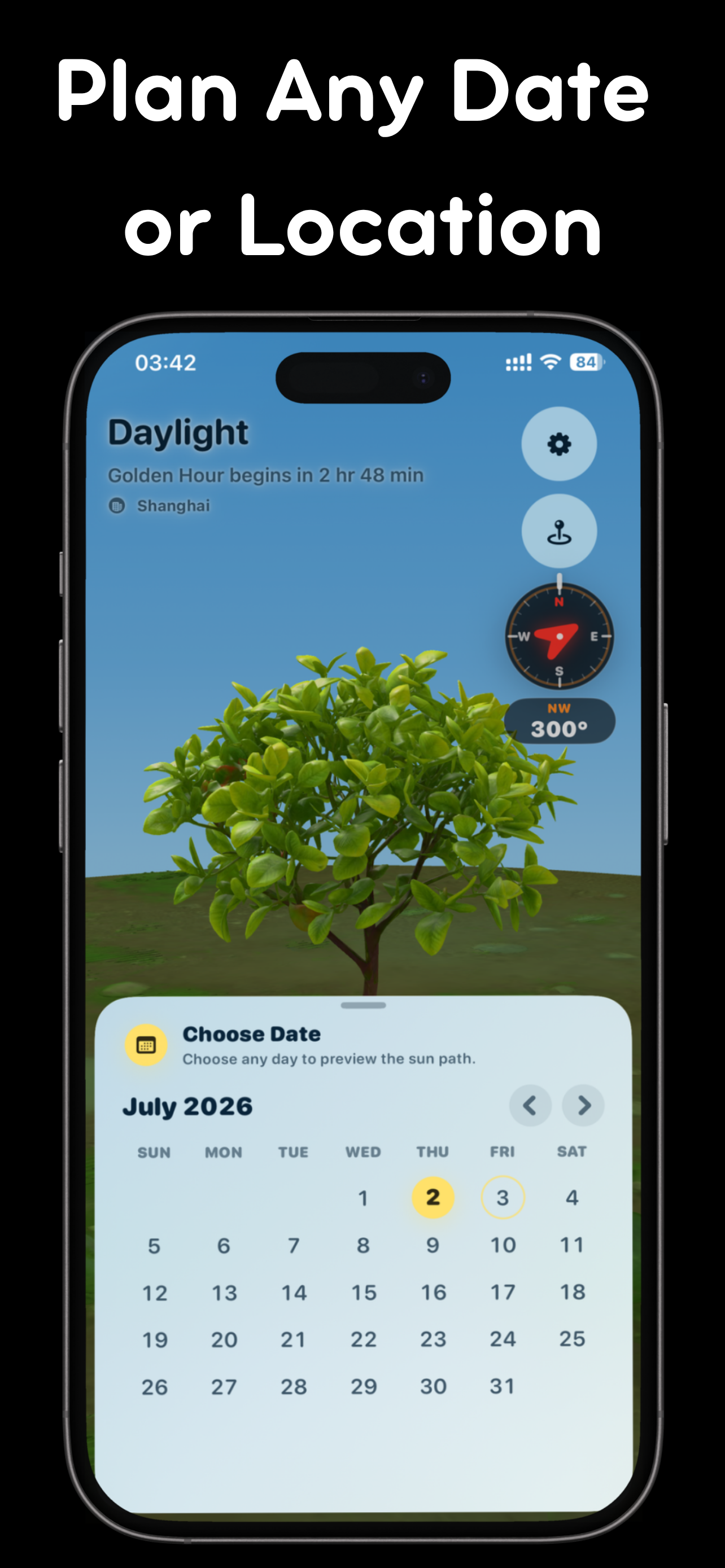 SunLight iPhone screenshot showing Scrub through the timeline to preview how sunlight changes across the day for rooms, plants, photos, or outdoor plans