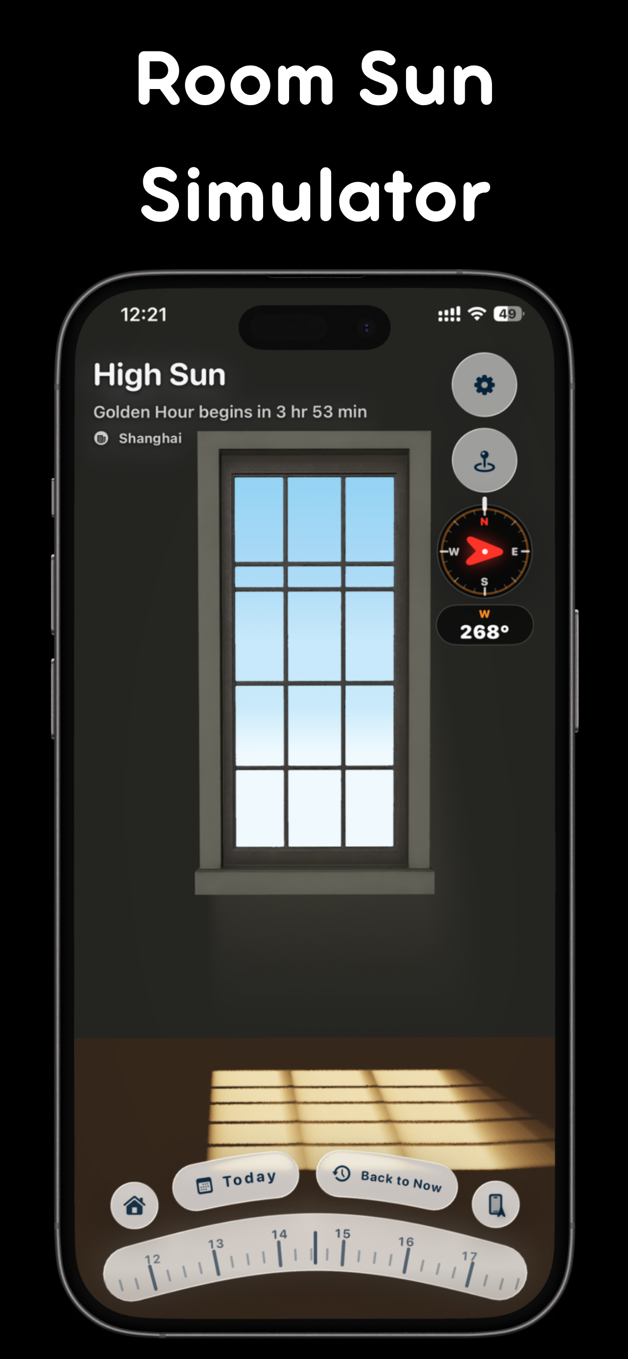 SunLight iPhone screenshot showing Track daylight phases including sunrise, sunset, solar noon, golden hour, blue hour, twilight, and night