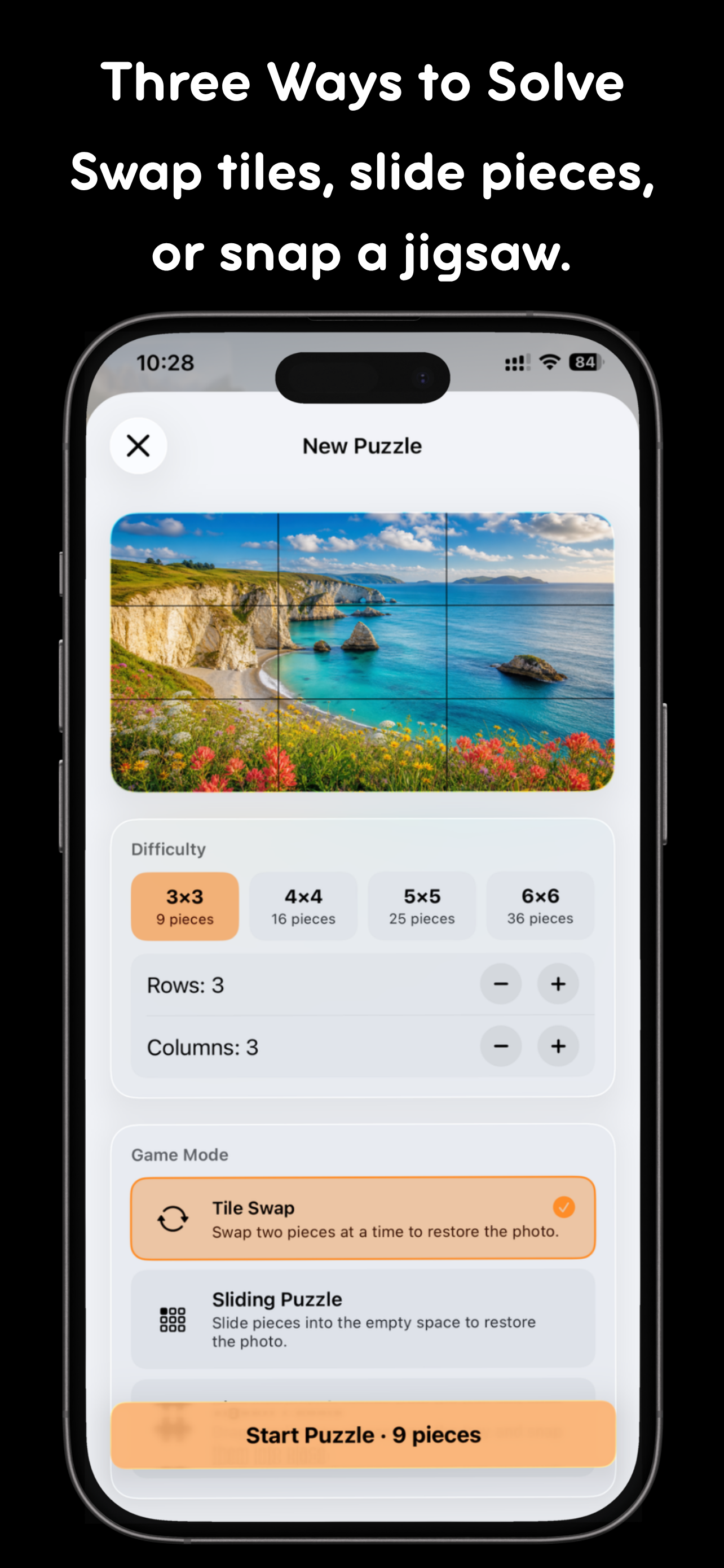 PuzzleWall iPhone screenshot showing Choose three distinct ways to solve: swap two tiles, slide pieces into the empty space, or snap shaped jigsaw pieces onto the board