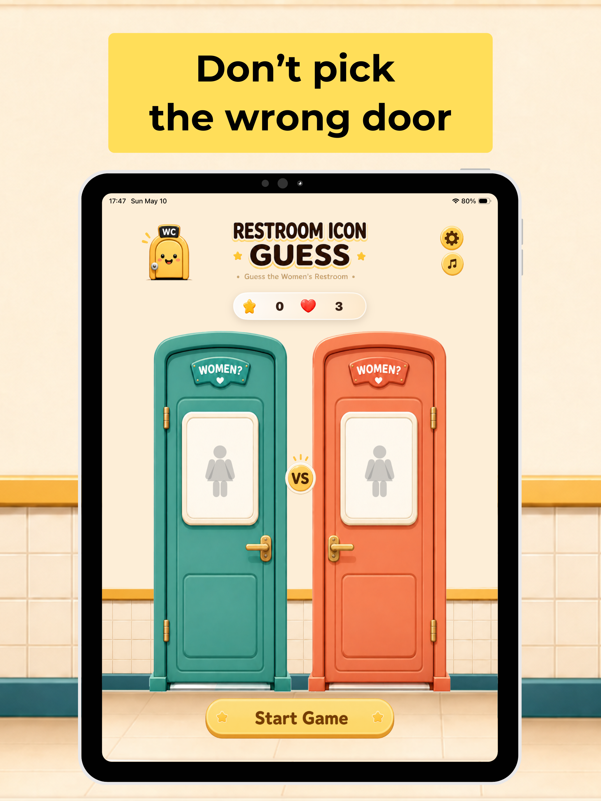 Do not Guess iPad screenshot showing Practice recognizing men’s and women’s restroom signs in malls, airports, stations, restaurants, and other public places