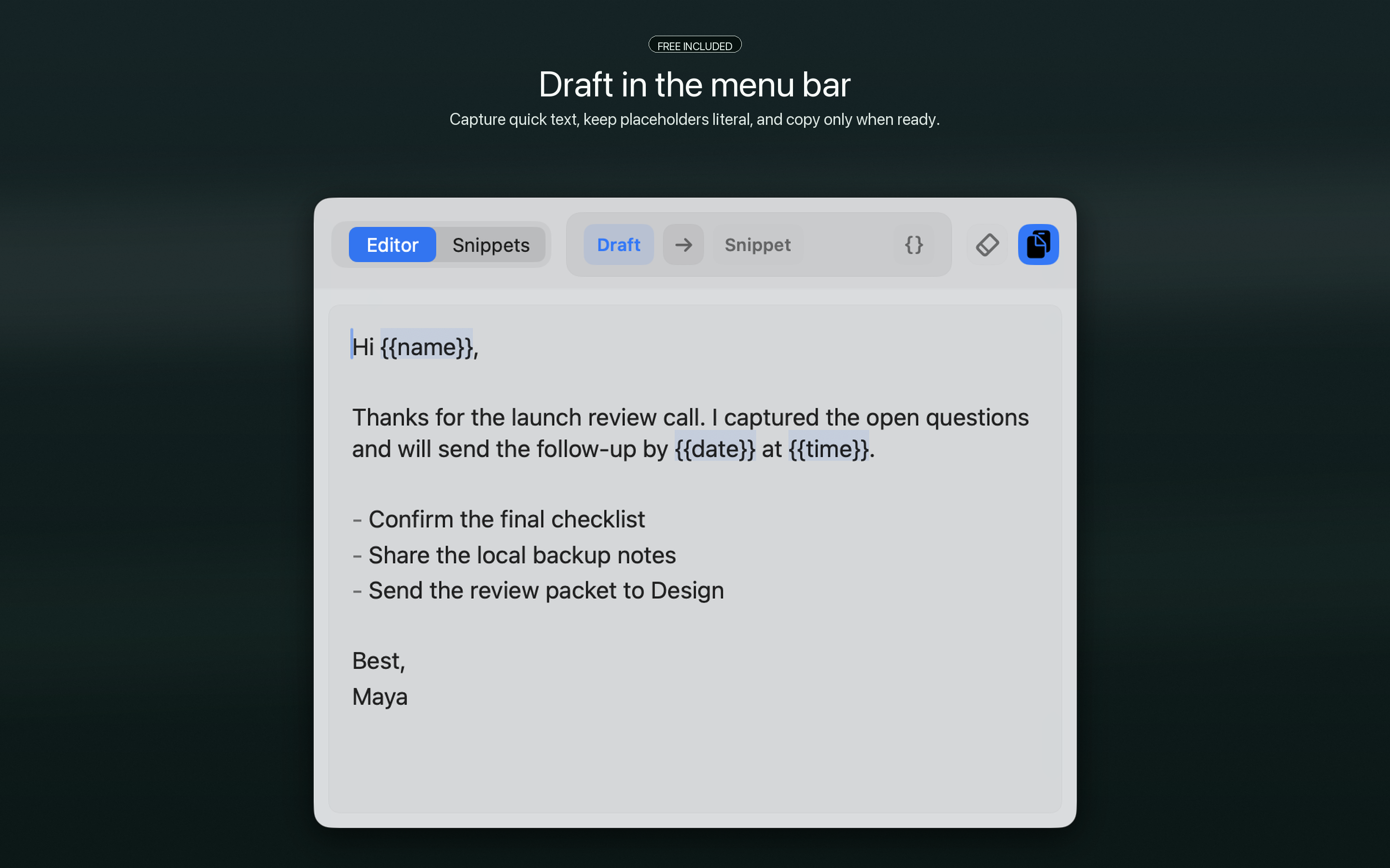 Scriby Draft window showing a compact menu bar writing surface and explicit Copy action