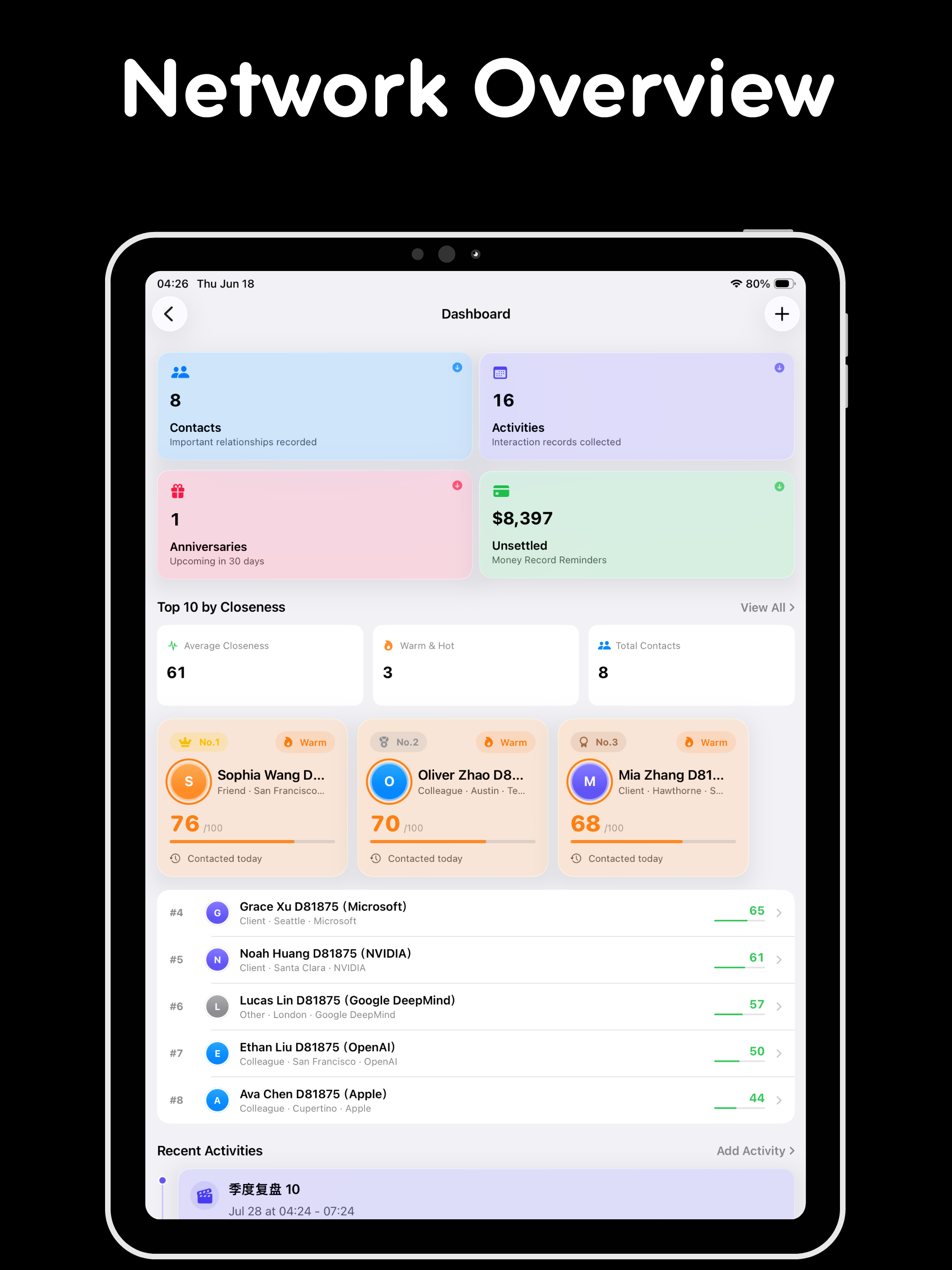 TieLoop iPad screenshot showing Create a polished digital business card and share it by QR code, nearby transfer, exported card file, or iCloud link