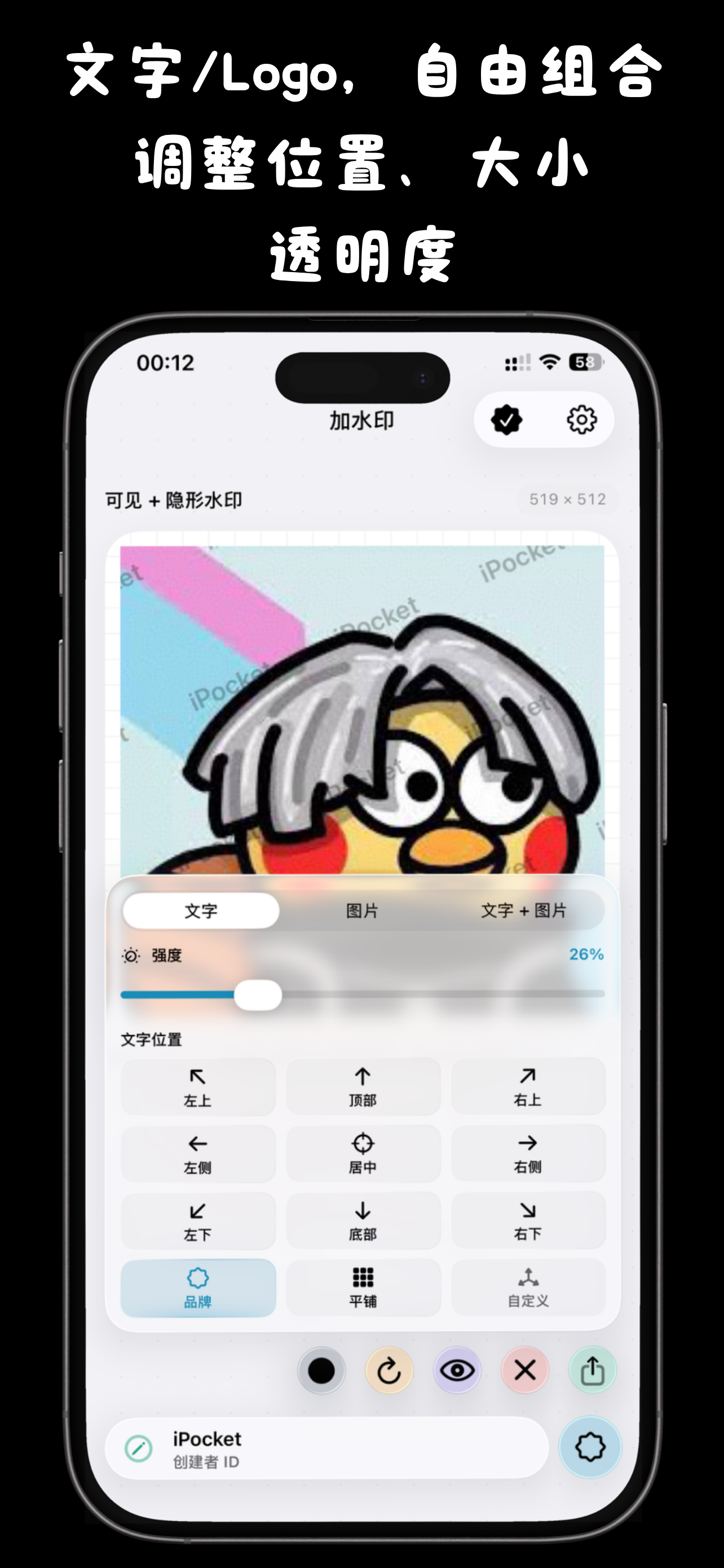ImageSeal iPhone screenshot showing 添加自定义文字、图片或品牌 Logo，并调整位置、大小、透明度、颜色效果与排布方式