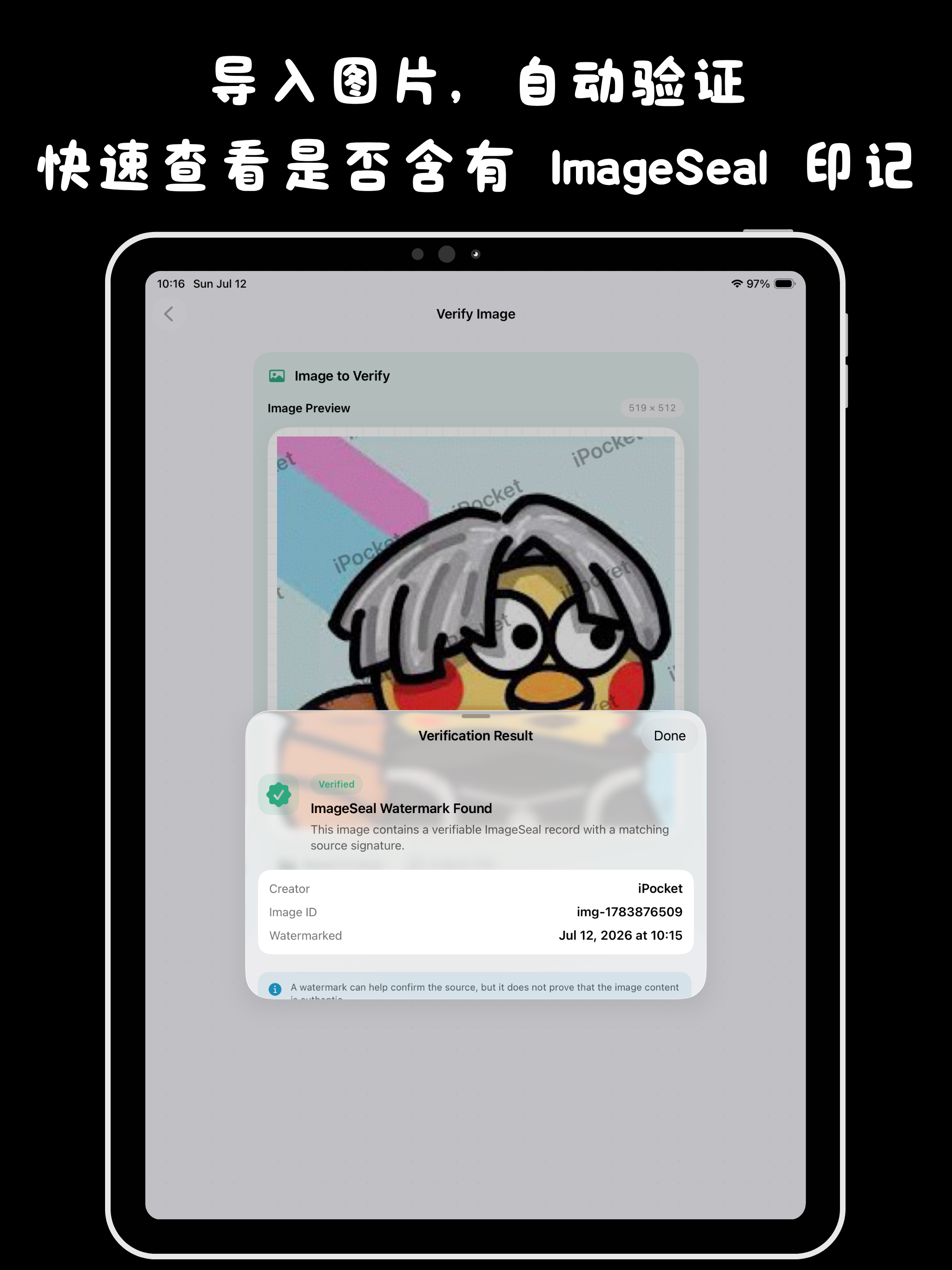 ImageSeal iPad screenshot showing 将统一的水印设置应用到多张照片，处理前可切换检查不同尺寸和横竖比例的图片