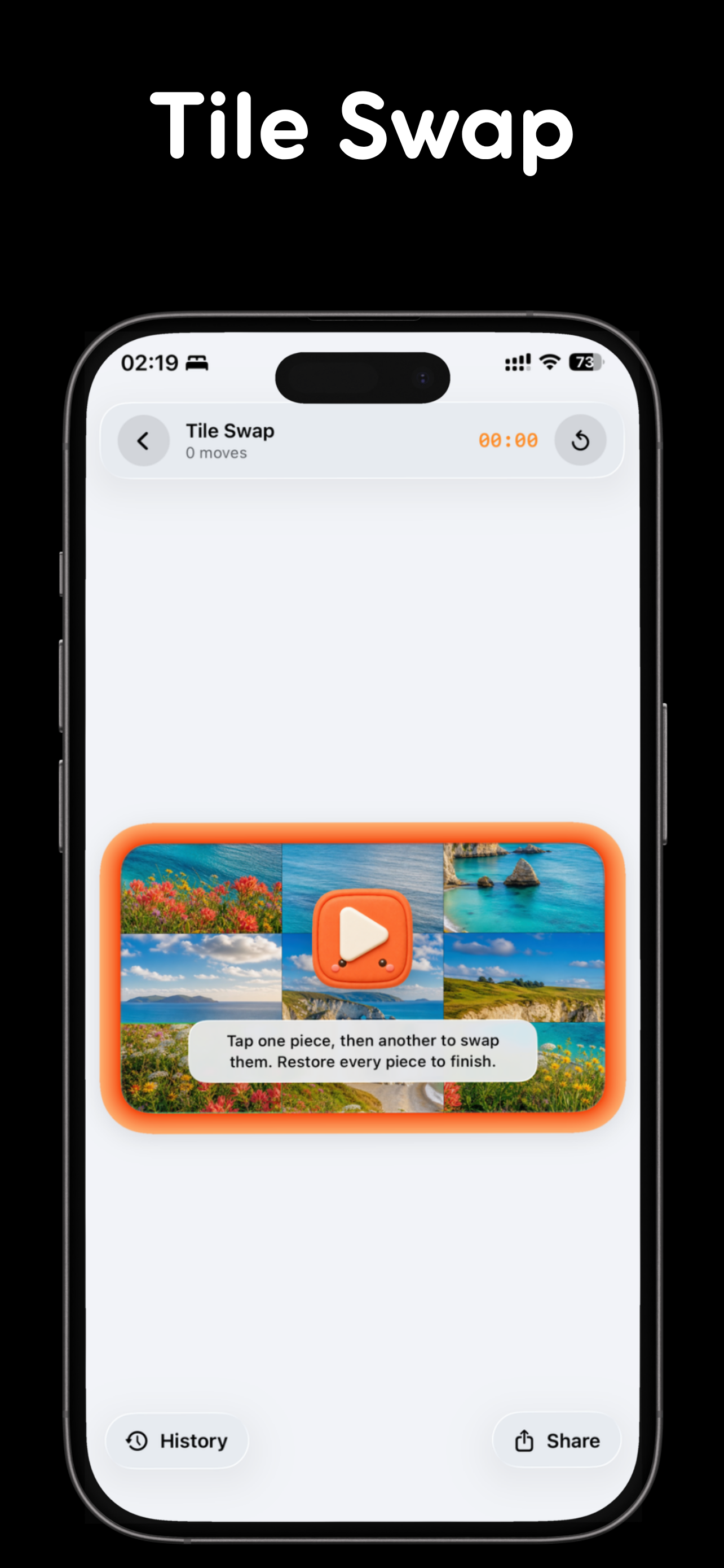 PuzzleWall iPhone screenshot showing Share result cards or send a playable challenge through a puzzle file, iCloud, or a one-hour browser link; core play stays on device with no ads or subscription