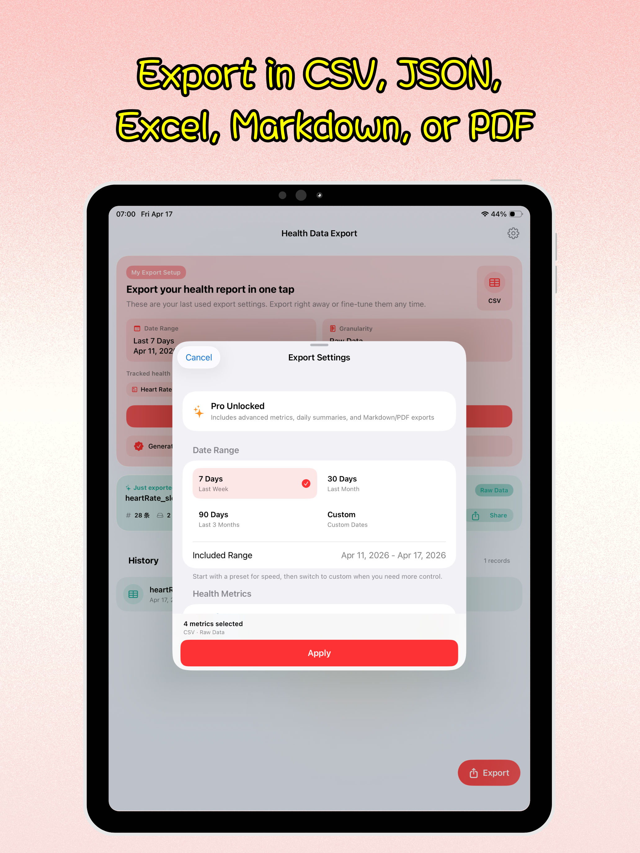 Health Data Export iPad screenshot showing Save data as CSV, JSON, Markdown, Excel (.xlsx), or PDF