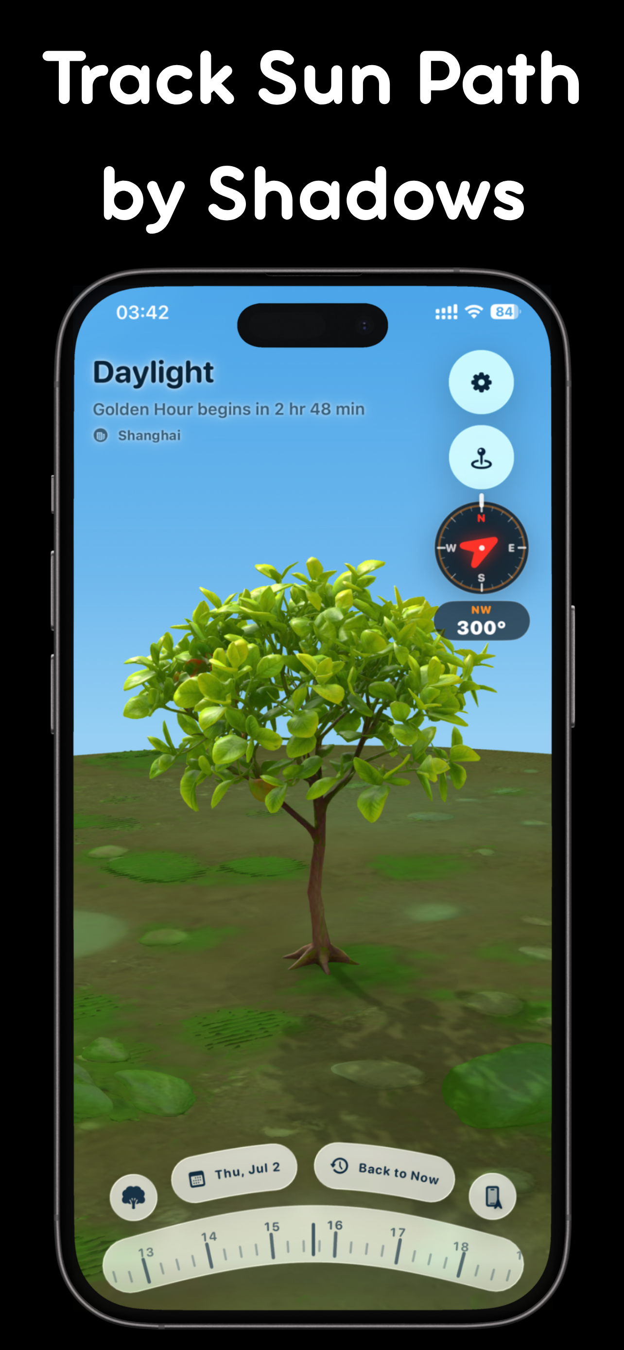 SunLight iPhone screenshot showing See the sun's direction and elevation in a visual compass that follows your current location and device heading
