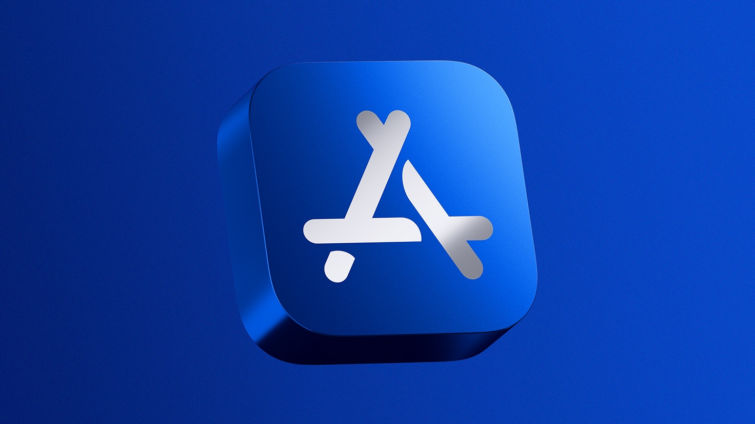 A blue, chiclet-shaped App Store Awards trophy, set against an App Store-blue background with a light gradient.